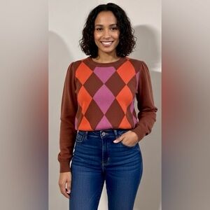 TWINKLE BY WENLAN Brown/Purple/Red Cropped Argyle Wool French Bulldog Sweater SM